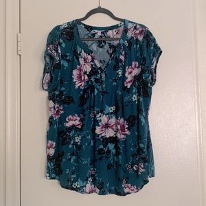 Blue and Purple Floral Yoke Neck Short Sleeve Top with Button Detail